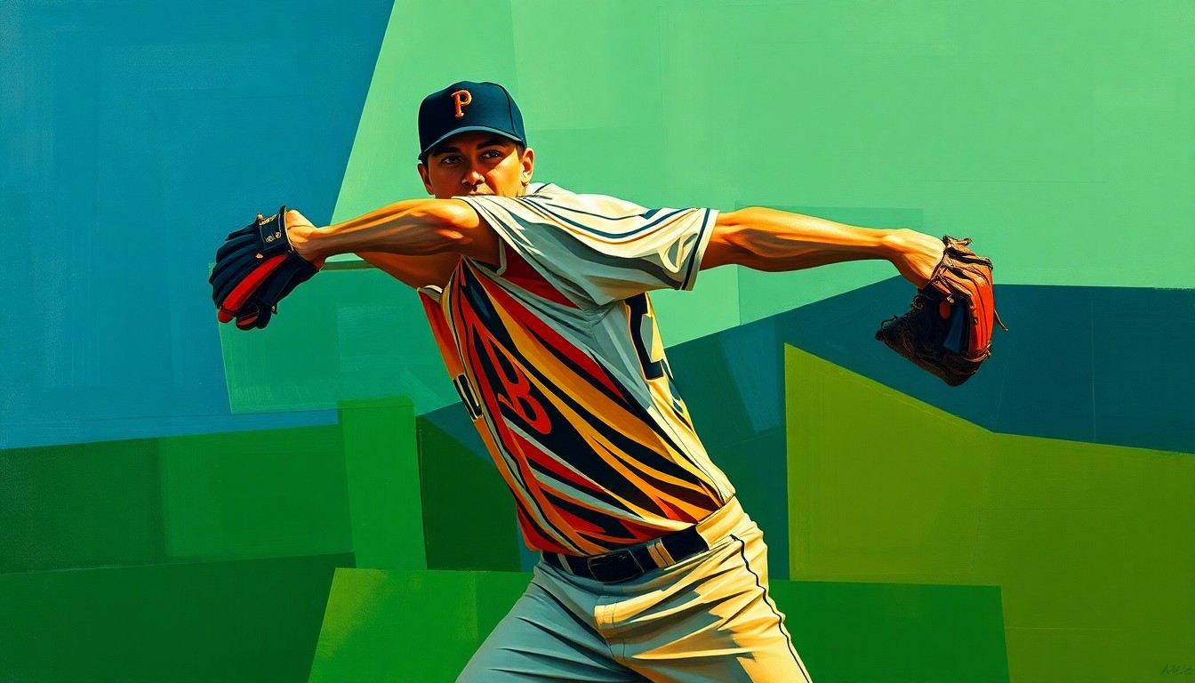 A fragmented, cubist-style painting depicting the windup and delivery of a baseball pitcher, with the player's form broken down into sharp, overlapping geometric shapes in a color palette of navy, forest green, and burnt orange, conceptually representing the strategic considerations around the Tigers' starting rotation.