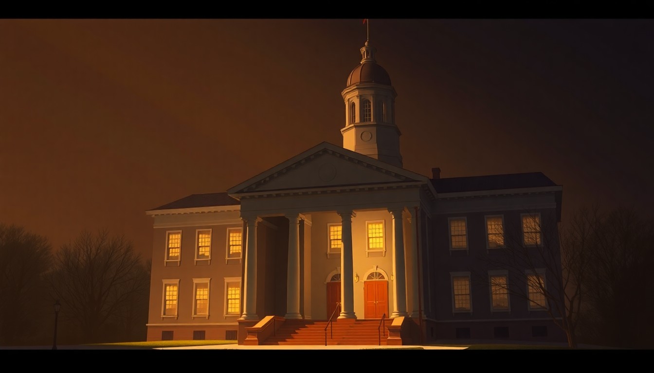 A serene, cinematic painting of the Maryland State House in Annapolis, with the building bathed in warm, golden sunlight and deep shadows, capturing a sense of political history and nostalgia.