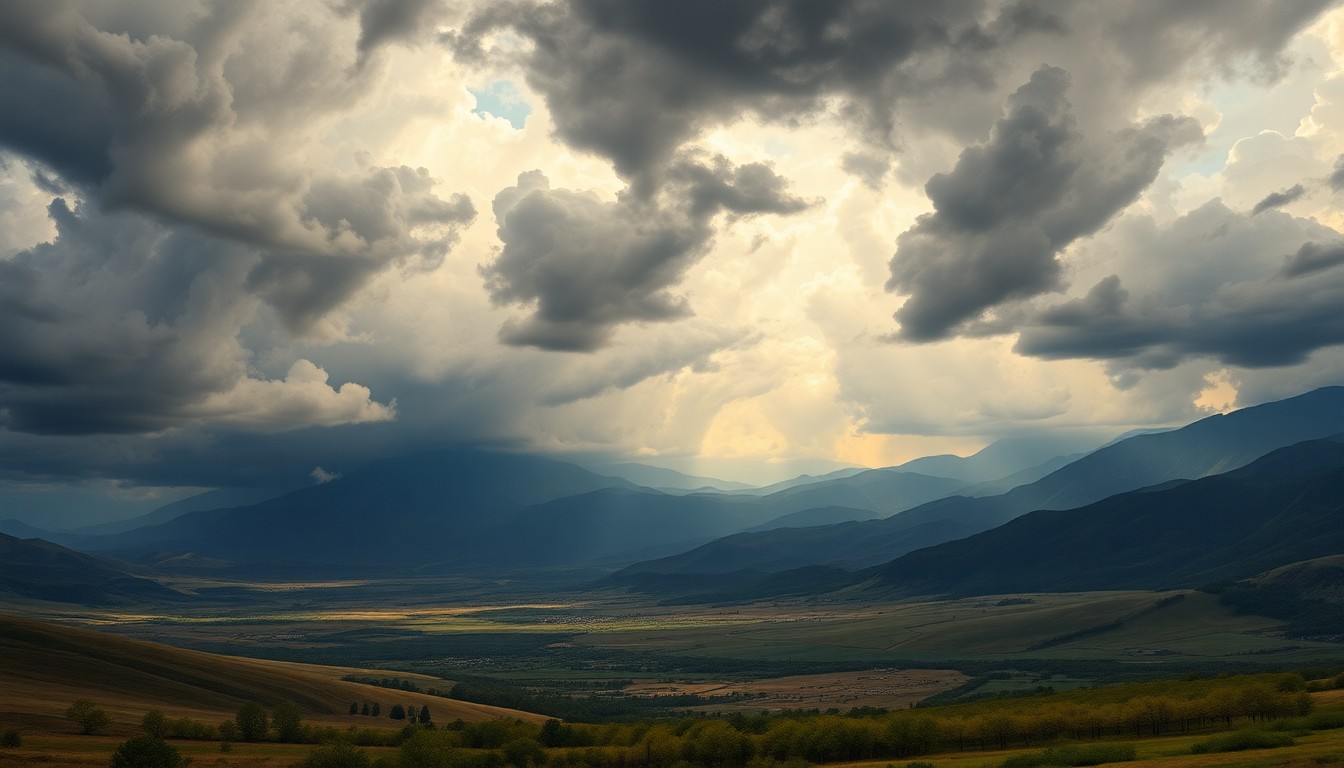 A sweeping, atmospheric landscape painting in muted tones of gray, green, and blue, depicting the rolling hills and orchards of the Yakima Valley under a dramatic, cloudy sky. The natural elements dominate the scene, dwarfing the physical features of the landscape.
