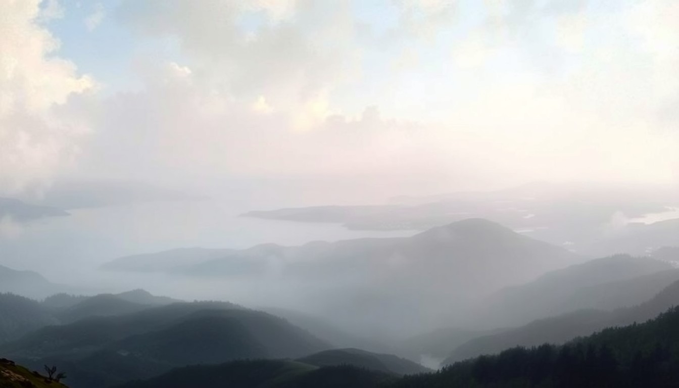 A serene, atmospheric landscape painting in muted tones of blue, grey, and green, depicting a vast, fog-shrouded lake or reservoir surrounded by rolling hills, with the distant outline of a small town barely visible through the haze, conceptually representing the scale and power of Bartlesville's water resources.