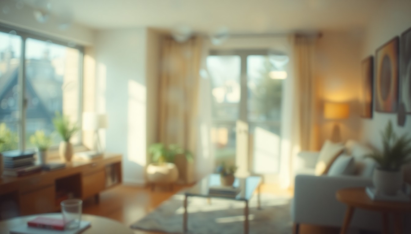 An extremely blurred, atmospheric photograph in warm tones depicting a hazy, out-of-focus view of a modern apartment interior, with only faint outlines and shapes of furniture and decor visible, conceptually representing the challenge of determining an appropriate rental budget.