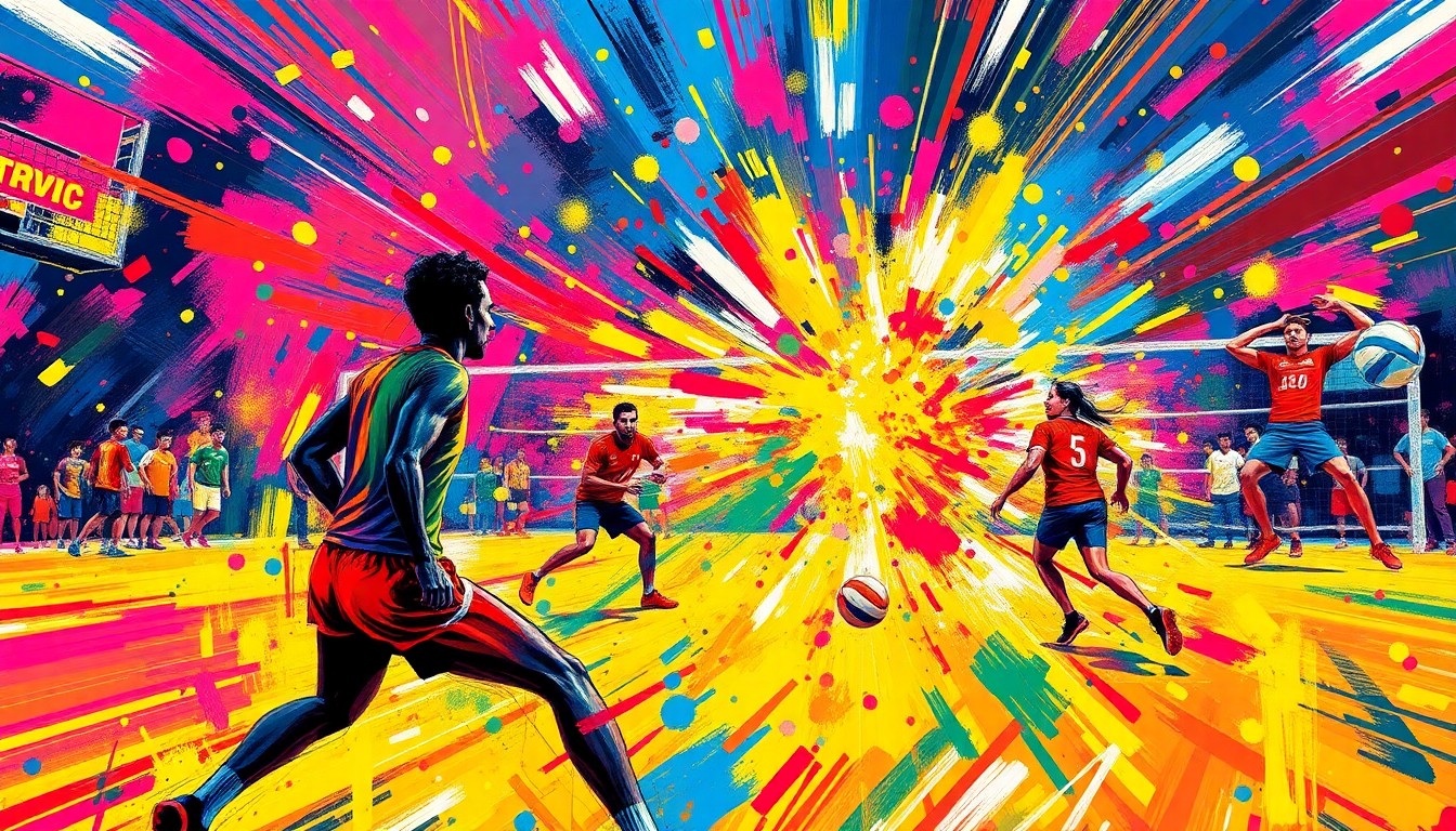 An abstract, expressionist painting in vibrant neon colors depicting the dynamic motion and energy of a volleyball match, with players' forms dissolving into bold, gestural brushstrokes.