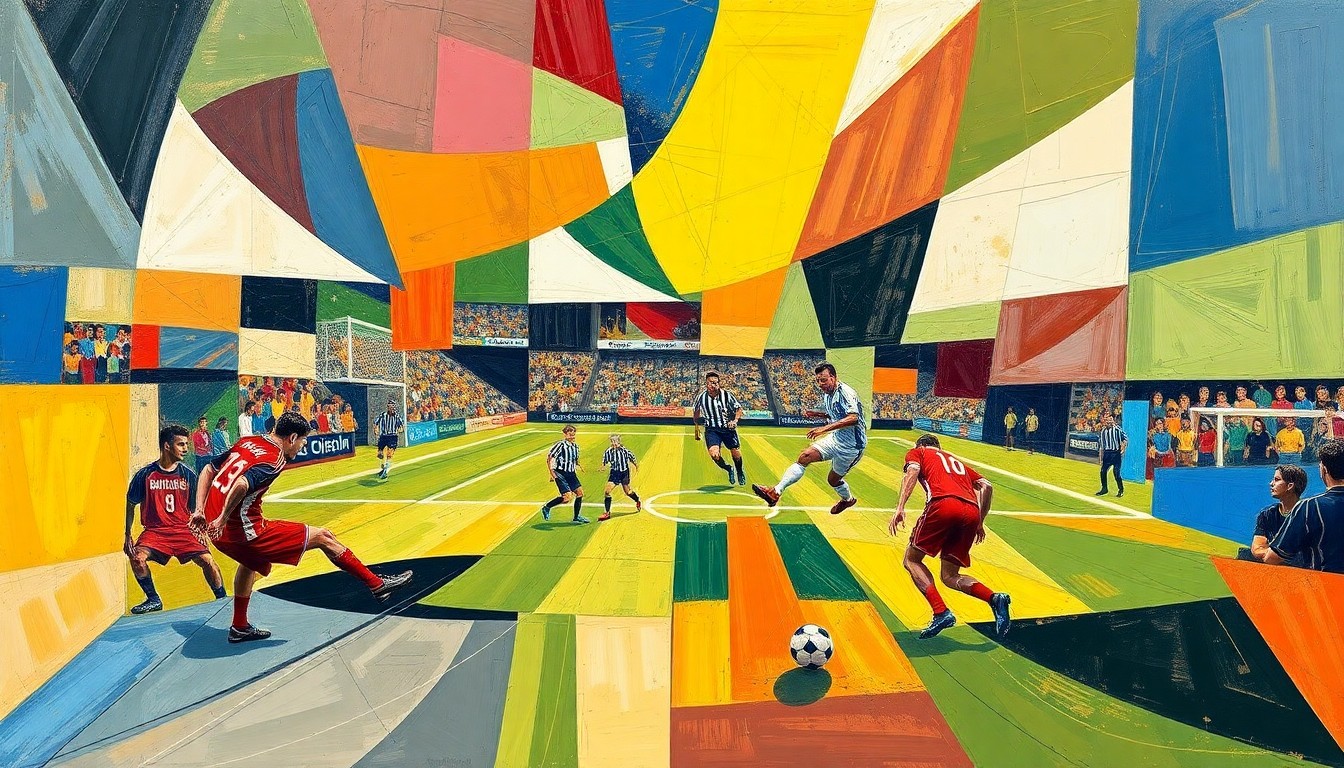 A cubist, geometric painting depicting the dynamic movements and overlapping perspectives of a college soccer match, capturing the energy and excitement of the Glacier Park College Soccer Showcase.