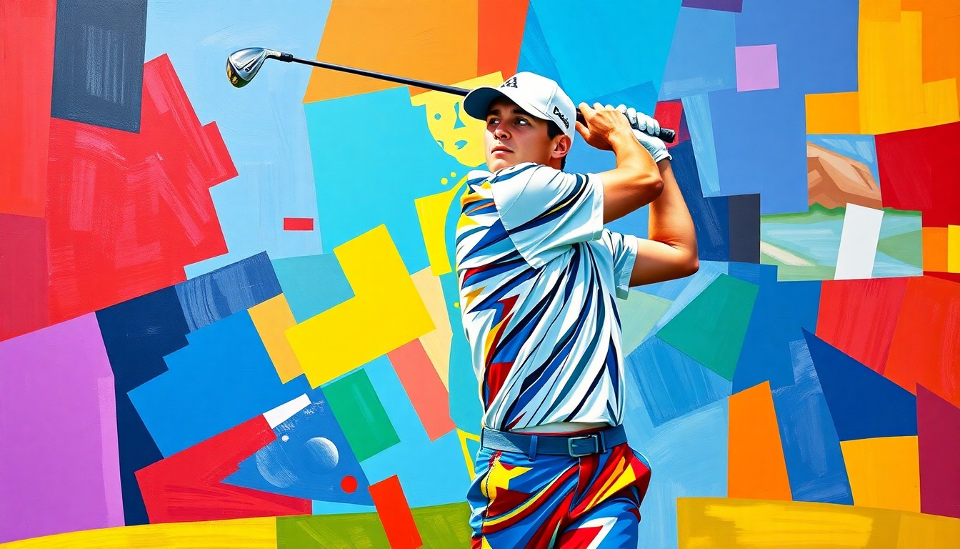 A cubist, geometric painting depicting a golfer's swing motion broken down into overlapping planes of vibrant colors, conceptually representing the physical and mental challenges Collin Morikawa faces in recovering from his back injury.