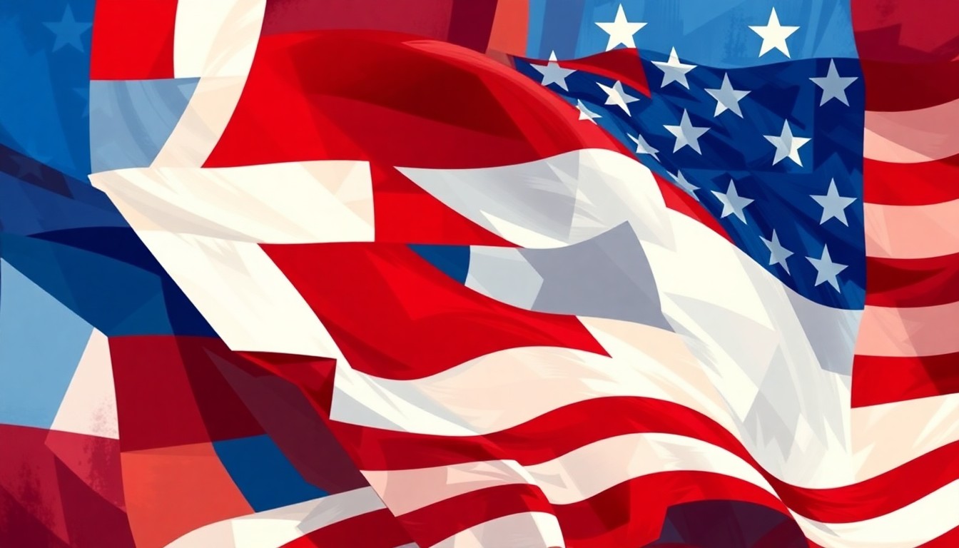 A vibrant, abstract painting featuring overlapping, geometric shapes in shades of red, white, and blue, conceptually representing the fractured and divided nature of the MAGA coalition.