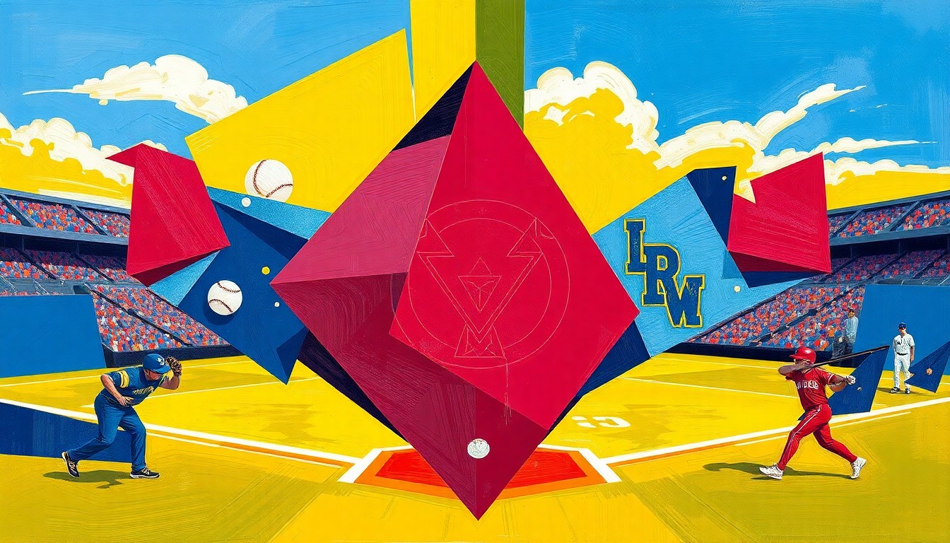A fragmented, geometric painting in crimson, gold, and blue hues, depicting a conceptual college softball game in an abstract, cubist style.