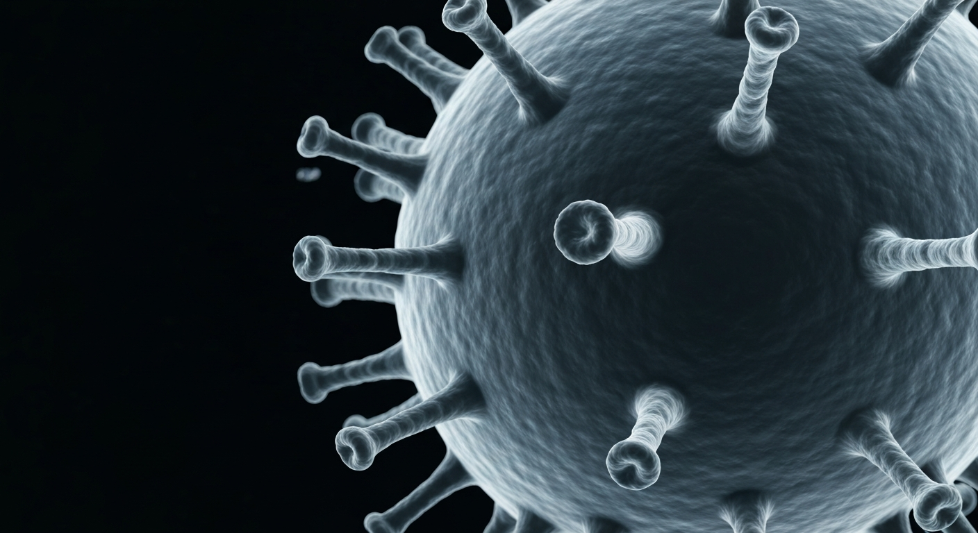 A translucent, ghostly X-ray image showing the intricate internal structures of the SARS-CoV-2 virus, conceptually representing the ongoing evolution and mutations of the COVID-19 virus.