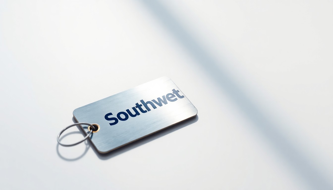 A close-up, high-contrast photograph of a single, shiny metal luggage tag with the Southwest Airlines logo, resting on a plain white background and casting a dramatic shadow, symbolizing the financial pressures facing the airline industry.