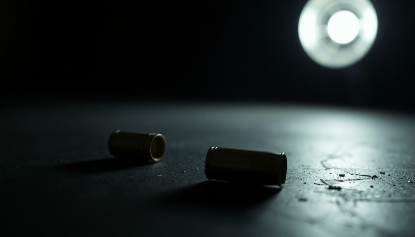 An extreme close-up of a single spent shell casing on a dark surface, lit by a harsh, direct camera flash, conceptually illustrating the gritty aftermath of a shooting incident.