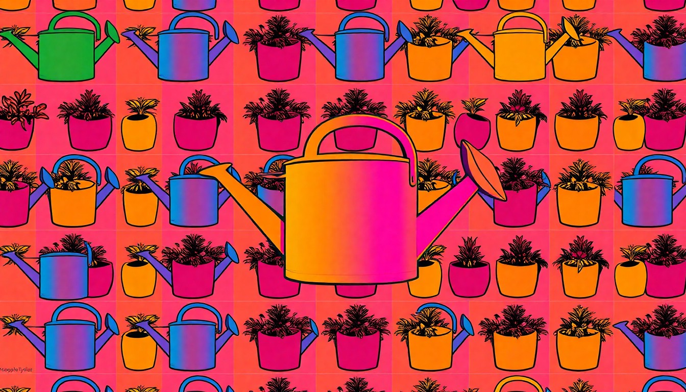 A brightly colored, high-contrast silkscreen print of a watering can repeated in a tight grid pattern, using flat, unnatural neon colors and heavy black outlines to transform a simple farming tool into modern pop art.