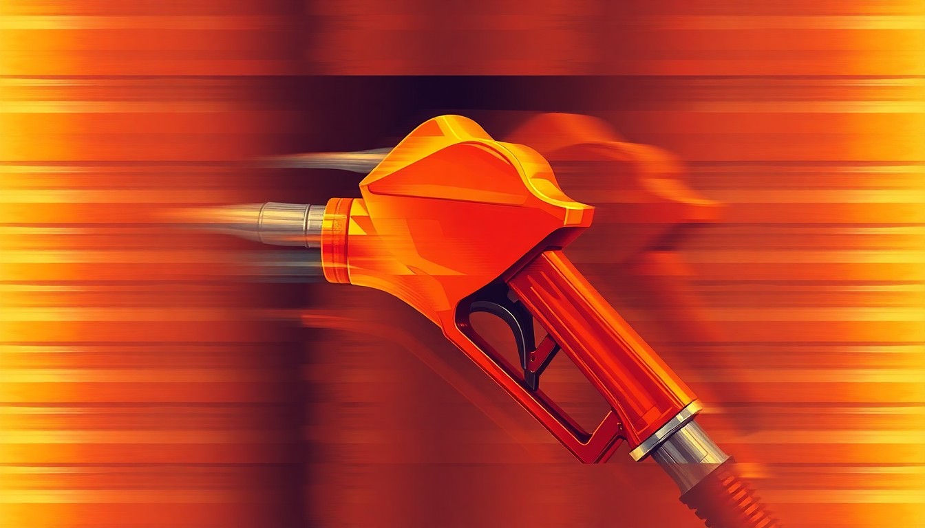 A dynamic, abstract painting of a gas pump nozzle in motion, with overlapping geometric shapes and waves of warm, vibrant colors conceptually representing the tension and turbulence surrounding the government's gas tax profits.