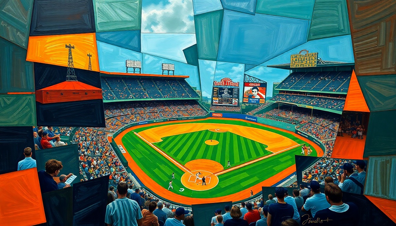 A fragmented, geometric painting depicting a baseball game, with sharp planes of color and overlapping perspectives representing the Orioles' recent success against the White Sox.