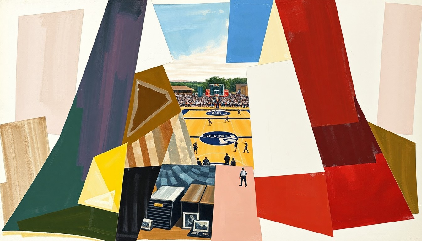 A fragmented, geometric painting depicting a Bemidji High School sports scene, with sharp, overlapping planes of color and form representing the school's rich athletic history and the induction of new Hall of Fame members.
