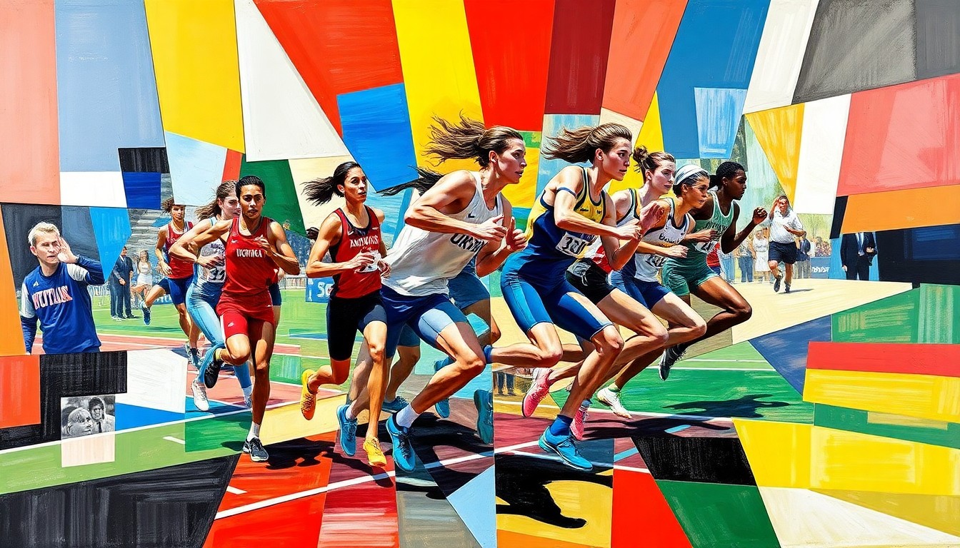 A fragmented, geometric painting in shades of blue, green, and red depicts the overlapping movements and perspectives of a track and field event in an abstract, deconstructed style.