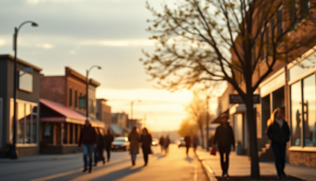 An out-of-focus photograph in warm, muted tones depicting the blurred silhouettes of people walking down a small-town main street, conceptually representing the sense of community in Irene, South Dakota.