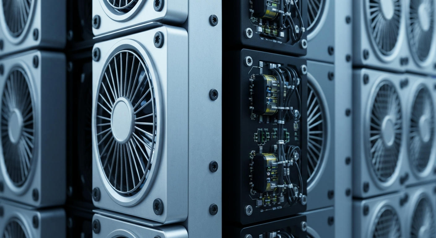 An extreme close-up of the complex, industrial-grade hardware used in cryptocurrency mining, capturing the physical, mechanical essence of this specialized financial technology.