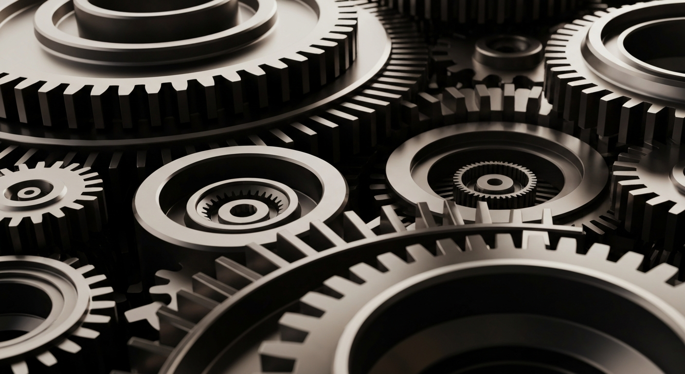 A highly detailed, cinematic image of the heavy, industrial machinery that powers the banking and financial sectors, conveying a sense of institutional strength and security through its polished metal components and dramatic lighting.