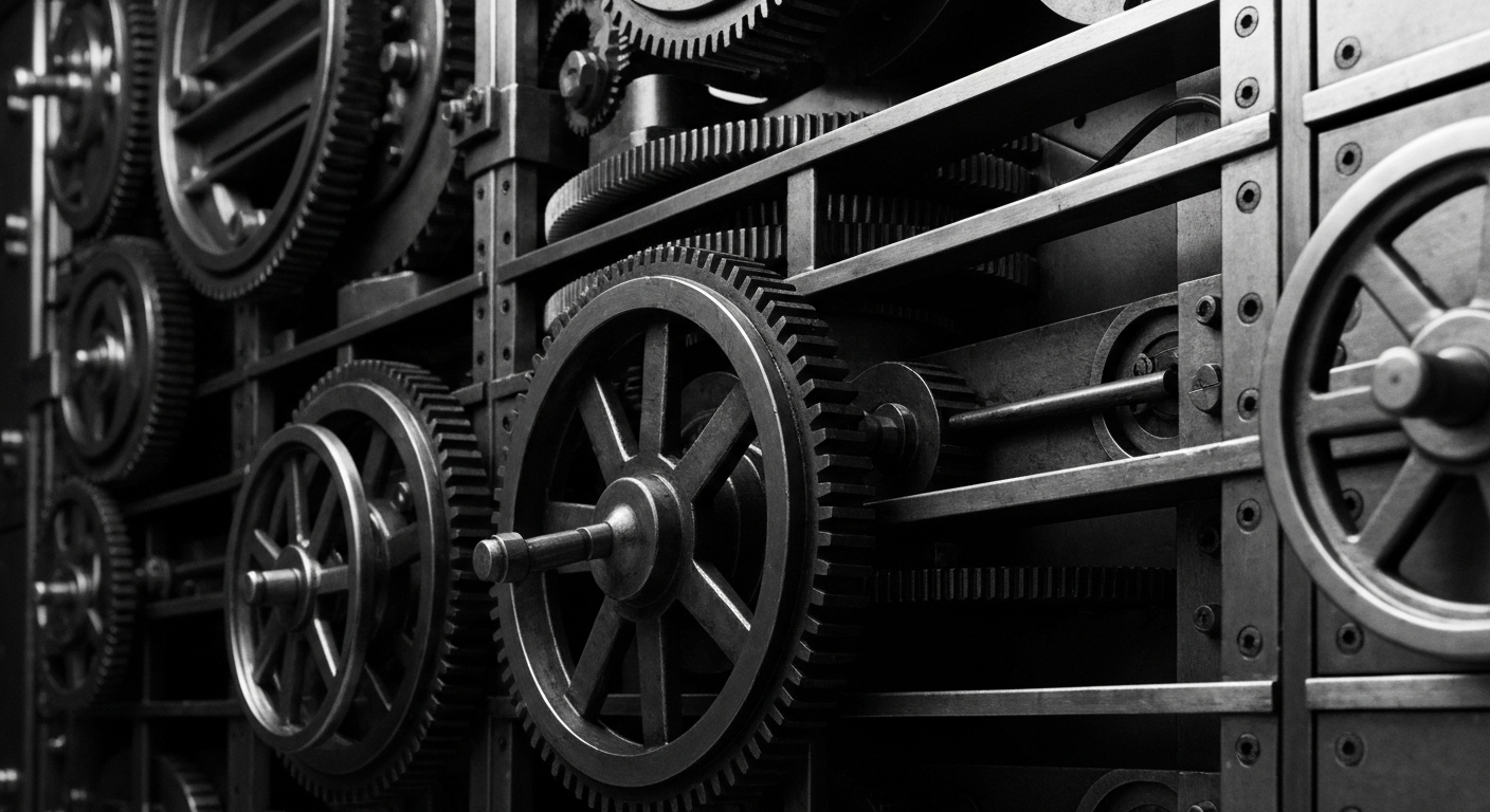 A high-contrast black and white close-up image of the gears, levers, and mechanisms of a heavy industrial vault or safe deposit box system, conveying the tangible, physical infrastructure underlying the financial system.
