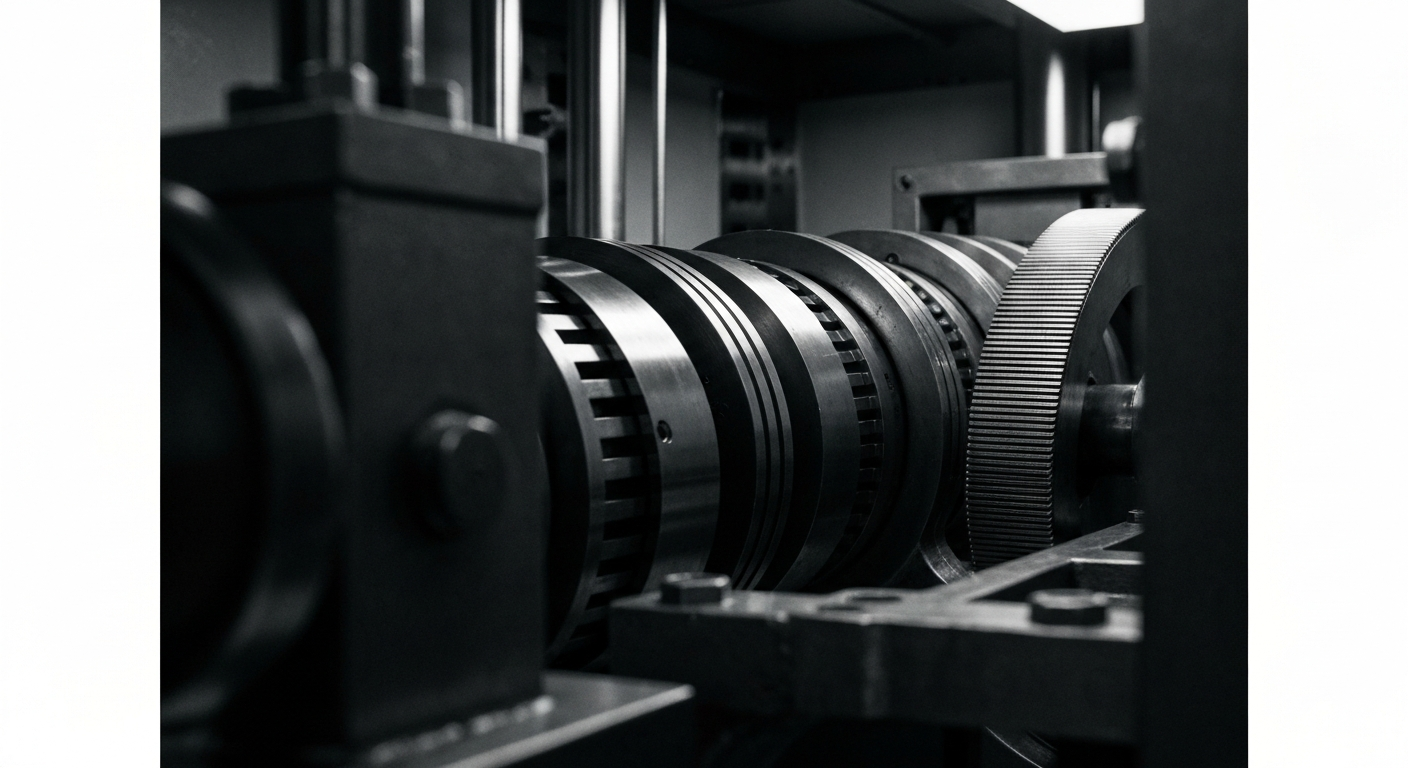 An extreme close-up of the gears, levers, and heavy metal components of a bank vault or financial institution machinery, captured in high-contrast black and white to convey a sense of industrial power and the tangible foundations of the financial system.
