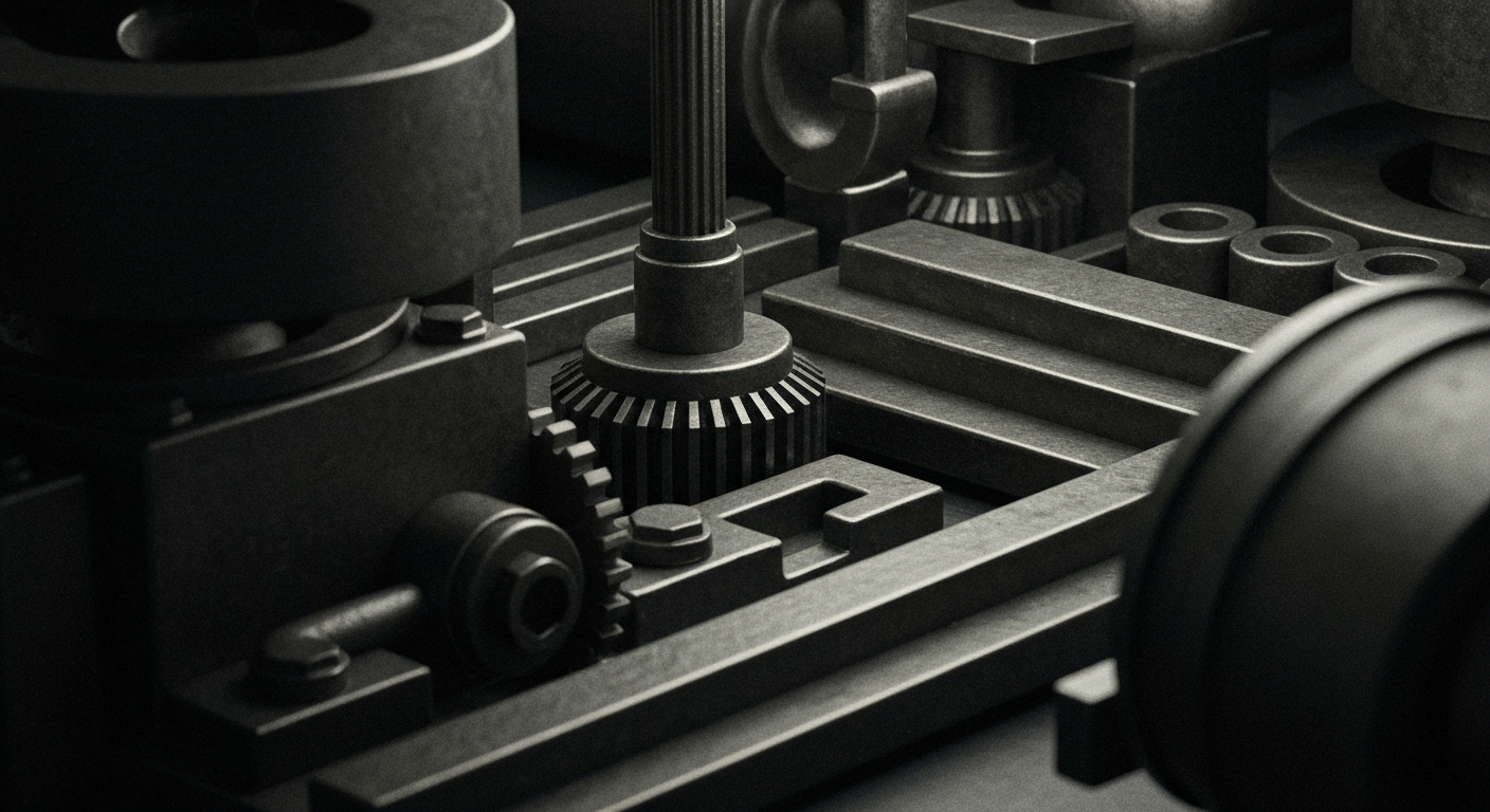 A highly detailed, cinematic close-up of the intricate mechanical components and hardware that make up the core infrastructure of the telecom industry, captured in a dramatic, high-contrast black and white style that emphasizes the raw, industrial power of these systems.