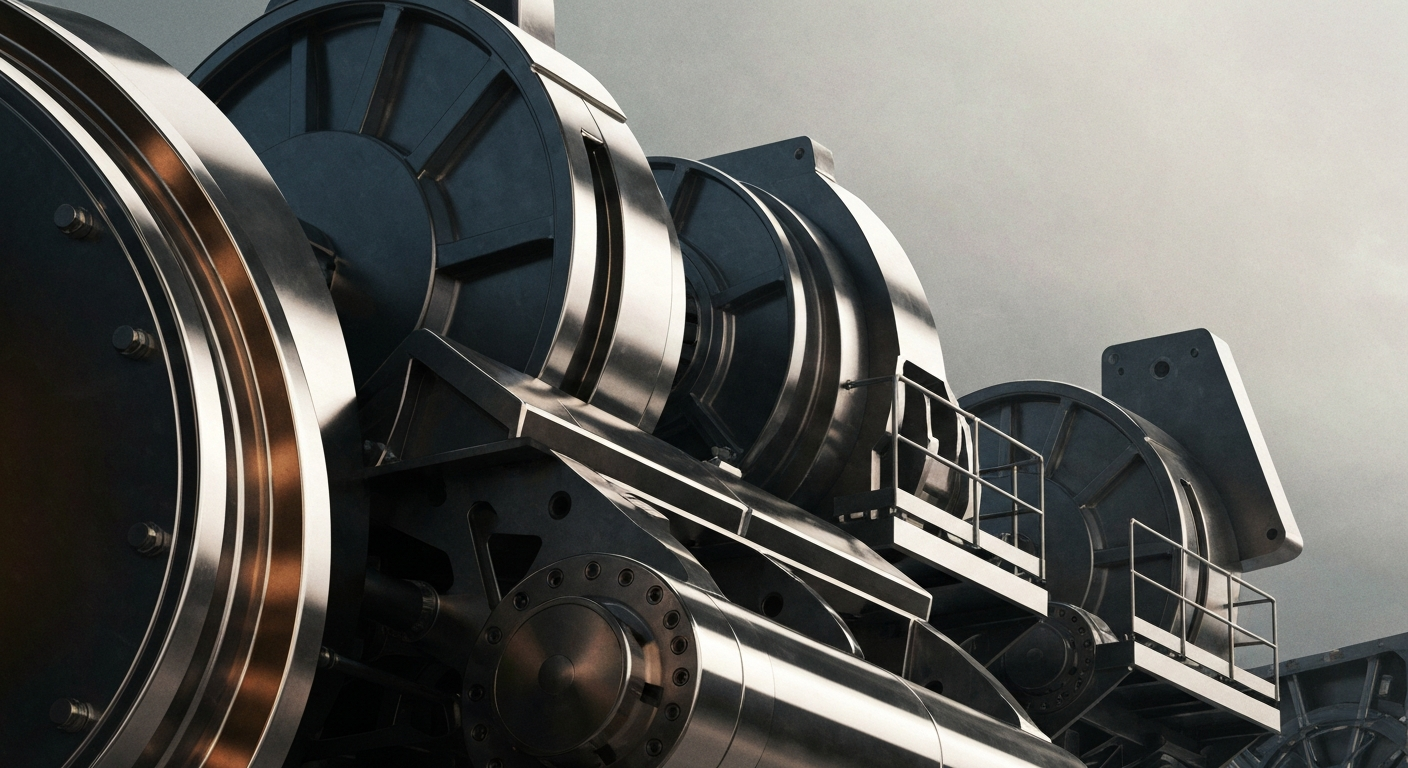 An extreme close-up of gleaming, textured mining machinery and equipment in shades of grey, bronze, and black, conveying the industrial scale and power of Coeur Mining's operations.