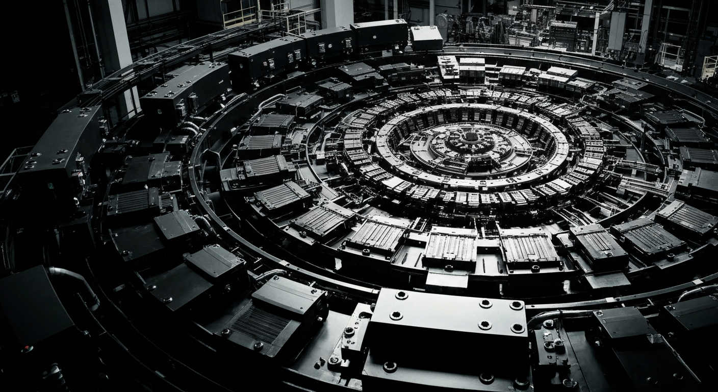 A close-up, black-and-white image of the intricate gears, circuits, and heavy machinery inside a semiconductor fabrication facility, conveying a sense of technological sophistication and industrial scale without using any text or branding.