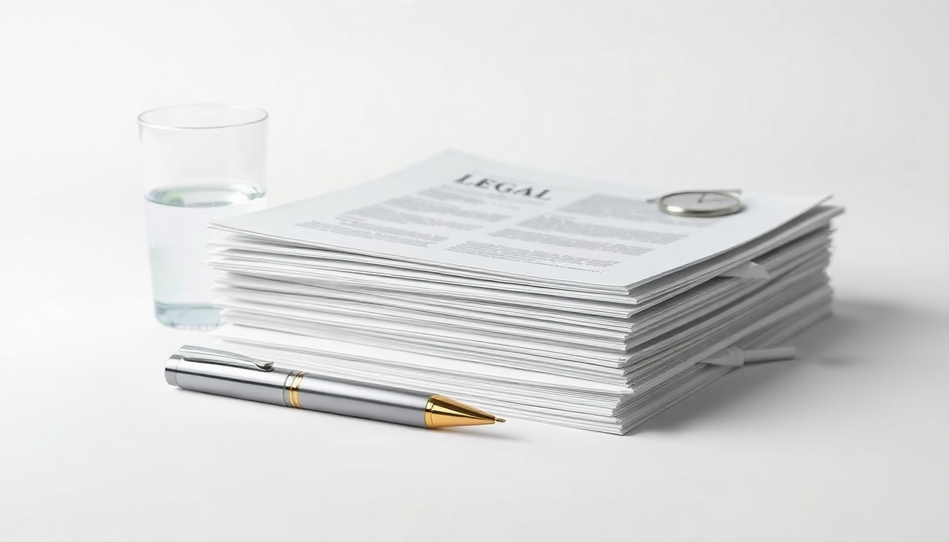A minimalist, photorealistic studio still life featuring a stack of legal documents, a polished metal pen, and a glass of water on a clean, monochromatic background, symbolizing the precision and professionalism of the legal industry.