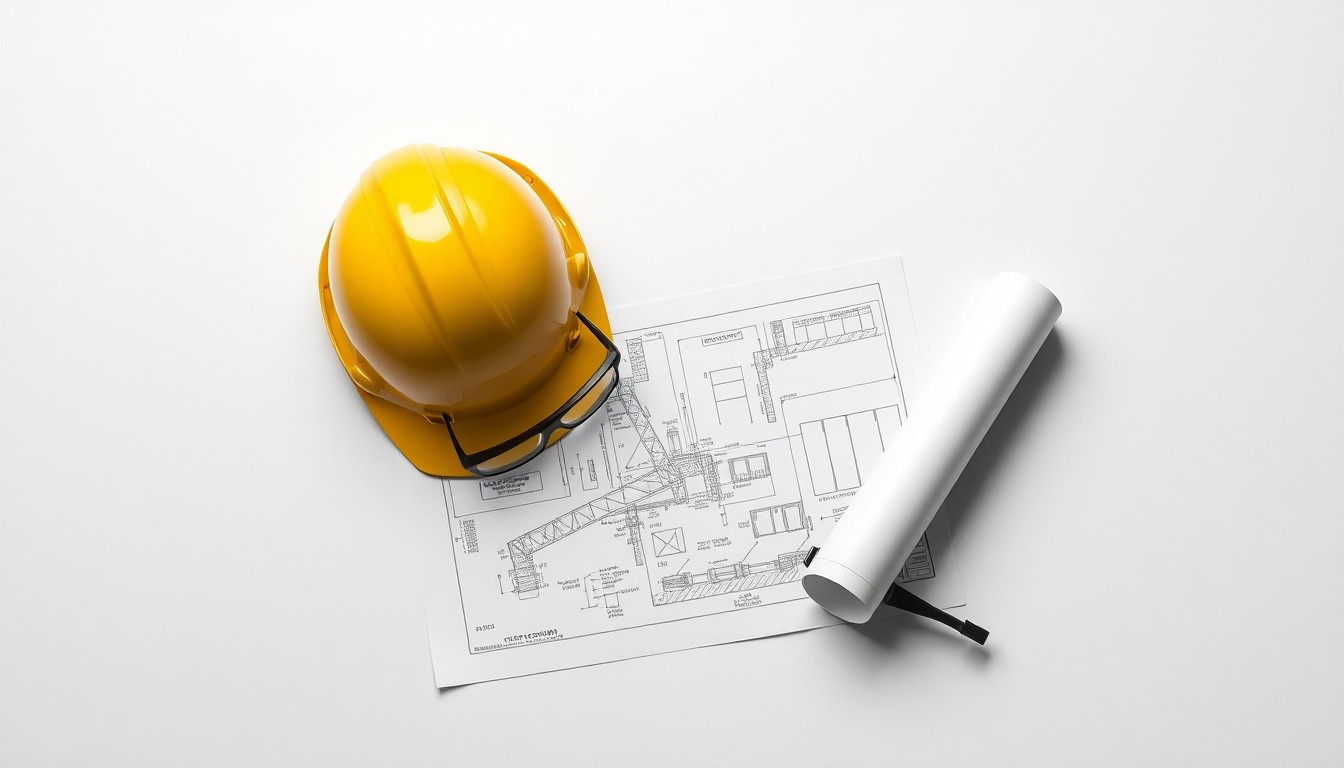 A photorealistic studio still life featuring a hard hat, safety goggles, and a construction blueprint, conceptually representing the construction industry's focus on workplace safety and risk management.