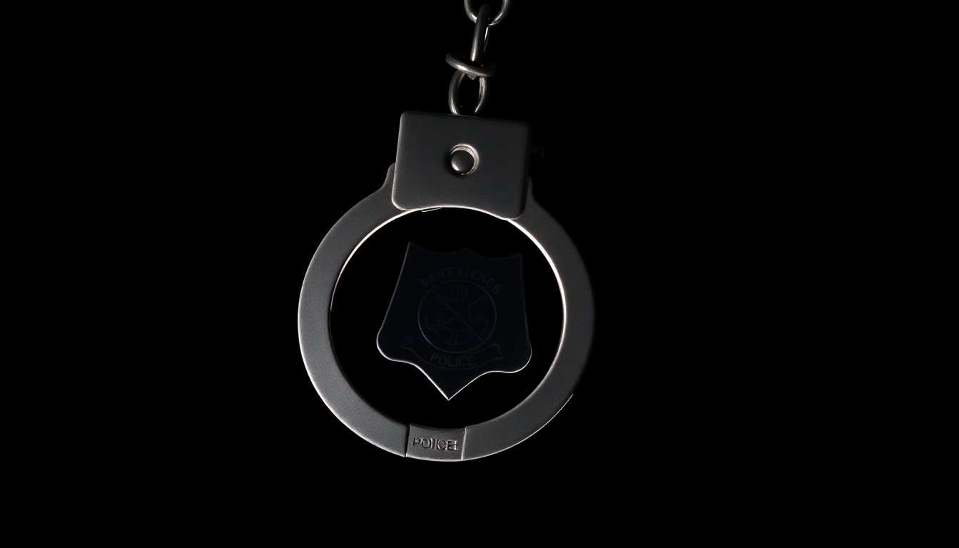 An extreme close-up photograph of a police badge or handcuffs against a pitch-black background, lit by a harsh, direct camera flash, conceptually representing the gritty, investigative nature of the community's concerns over the new police chief appointment.