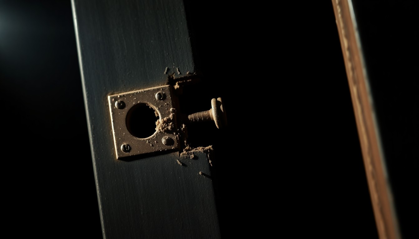 An extreme close-up photograph of a damaged door frame from the Burbank Theater, lit by a harsh camera flash against a pitch-black background, conceptually illustrating the forced entry and trespassing incident.