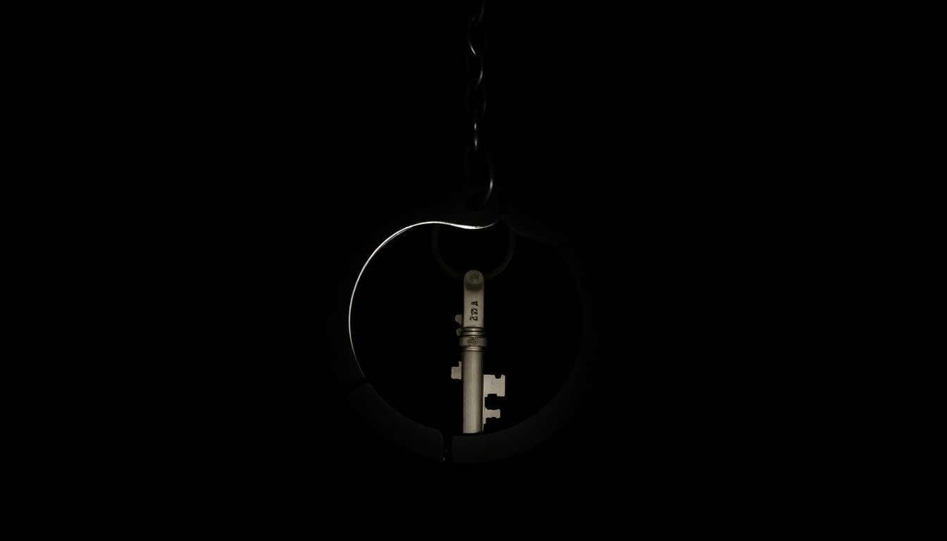 An extreme close-up photograph of a handcuff key against a pitch-black background, lit by a harsh, direct camera flash. The key represents the symbolic unlocking of a new path forward for the I.D.D.U. program graduates.