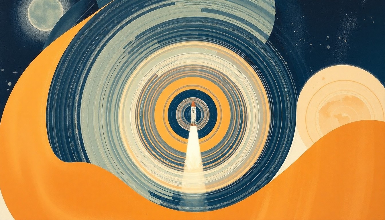 A highly textured, abstract painting in earthy tones of ochre, sage, and indigo, featuring sweeping geometric arcs, concentric circles, and precise spirals that conceptually represent the complex engineering and powerful forces behind the Artemis II rocket launch.