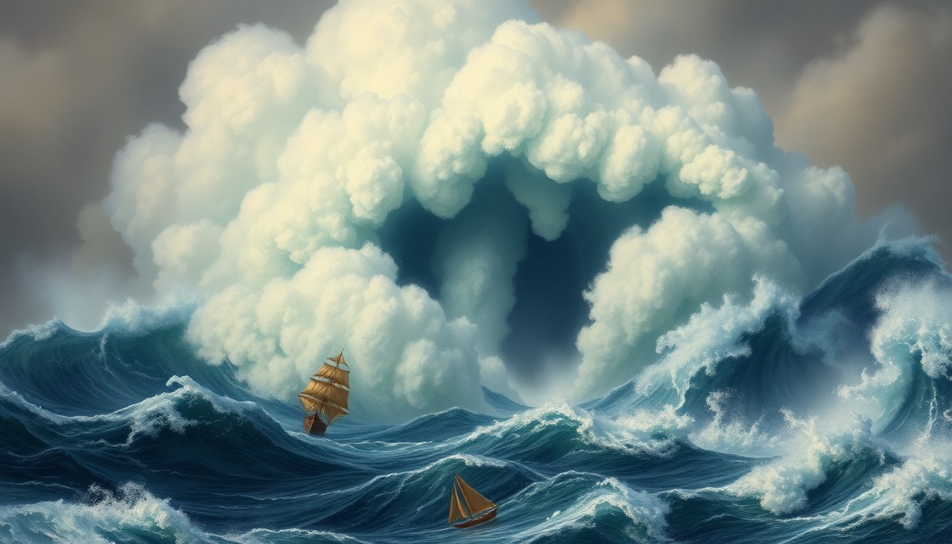 A sweeping, atmospheric seascape painting with massive, crashing waves towering over two small sailboats being tossed about, conveying the overwhelming power of the natural forces at play.