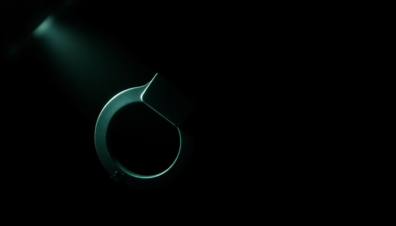 An extreme close-up photograph of a handcuff or other crime-related physical evidence object lit by a harsh, direct camera flash against a pitch-black background, conceptually illustrating the public safety issues surrounding the proposed placement of a sexually violent predator.