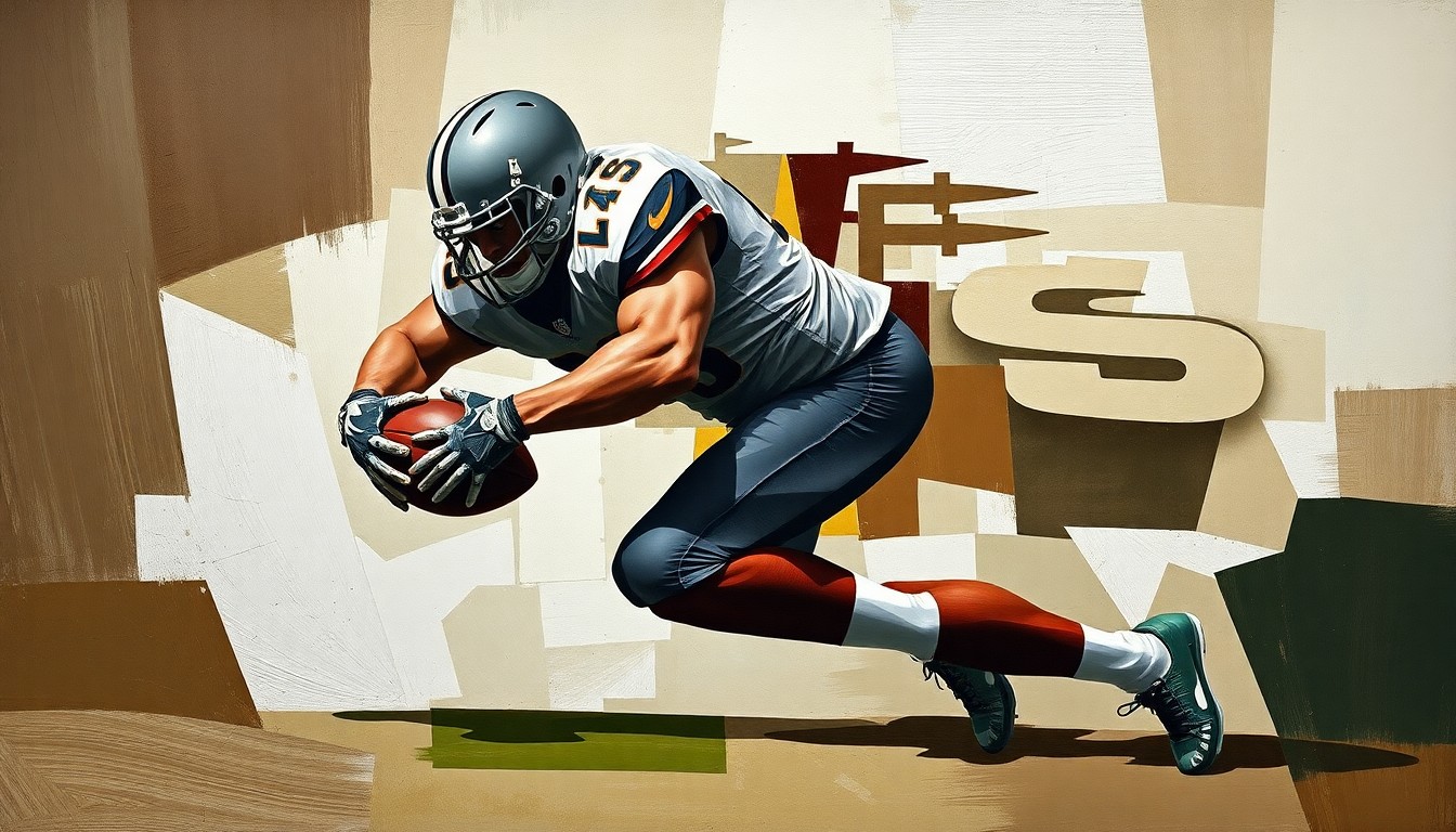A fragmented, geometric painting depicting a linebacker making a tackle, with sharp planes of earth-toned colors and no discernible faces or identifiable elements.