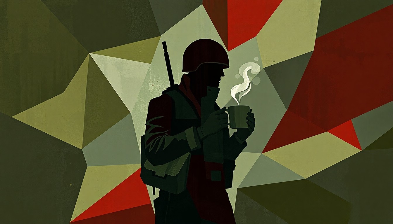 A fractured, abstract painting in shades of green, gray, and red depicting the silhouette of a soldier holding a coffee cup, surrounded by overlapping geometric shapes that convey a sense of motion and intensity.