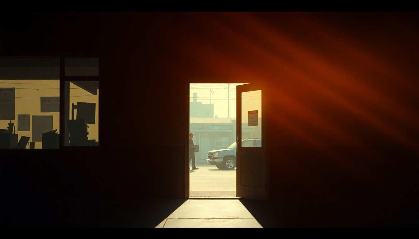 A warm, cinematic painting depicting a solitary immigrant worker standing in the doorway of a small business, the scene bathed in soft, diagonal sunlight and deep shadows, conveying a sense of quiet contemplation and the human impact of changing immigration policies.