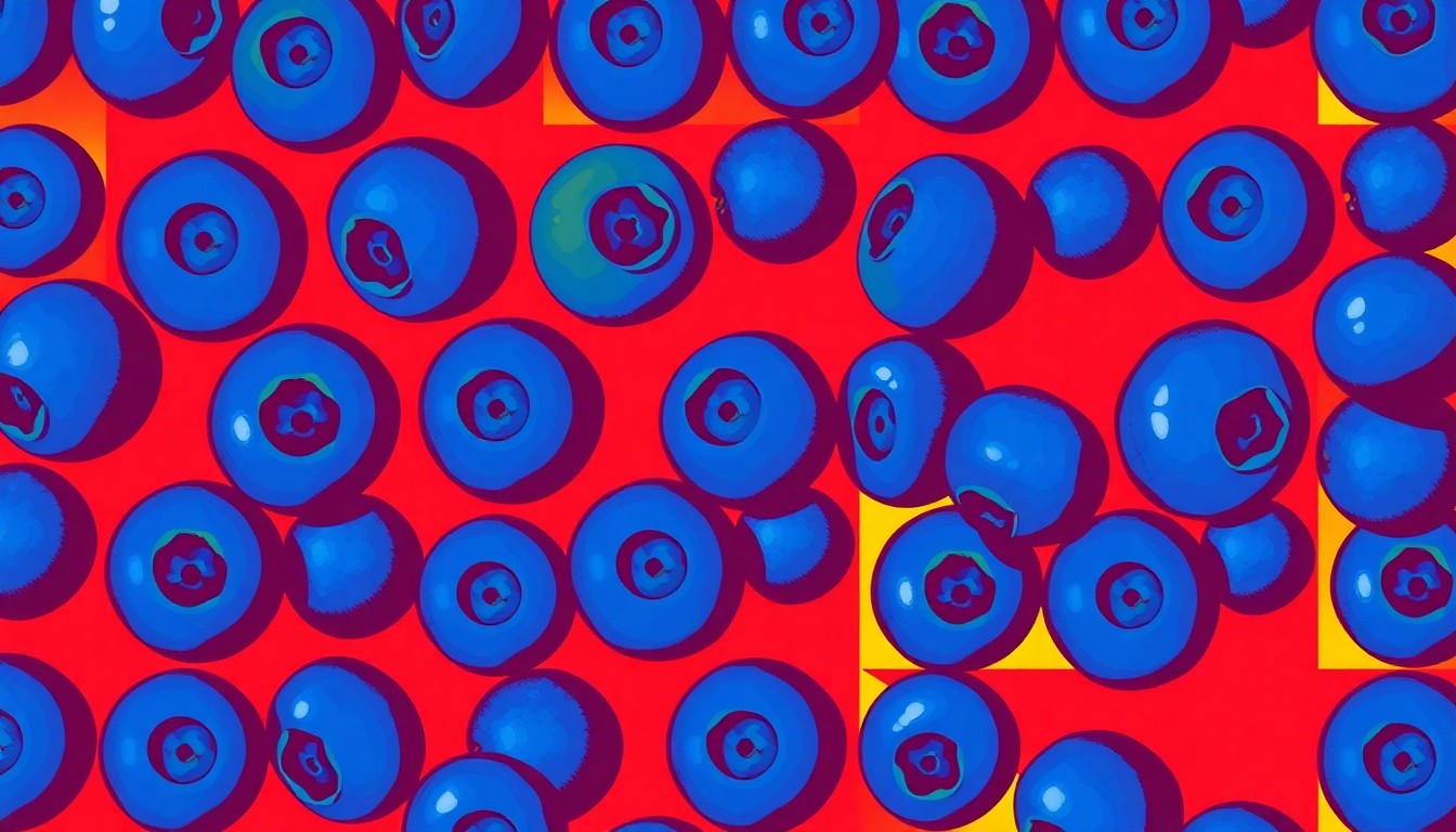 A bold, colorful silkscreen-style illustration featuring a repeating pattern of stylized blueberries in neon shades of blue, purple, and pink, capturing the energy and creative spirit of the Bluesberry Festival.
