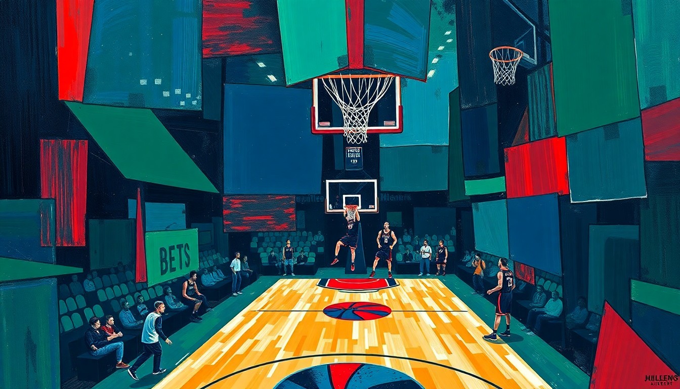 A fragmented, cubist-style painting depicting an abstract basketball game, with sharp geometric shapes and planes in dark blue, green, and red tones, conveying the complex emotions surrounding a major player trade.