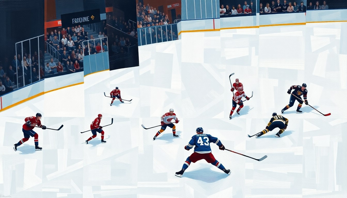 A cubist, geometric painting depicting the chaotic action of a hockey game, with the players and ice surface broken down into overlapping angular shapes and planes of color.