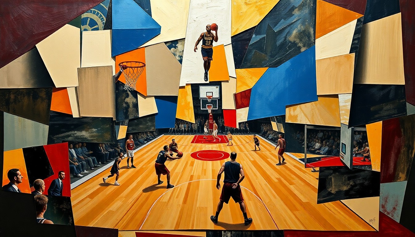 A cubist, geometric painting depicting a fragmented basketball court and players, conveying the complexities of aligning a new front office with an existing head coach.
