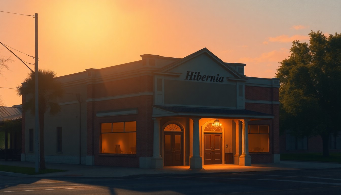 A realistic oil painting depicting the exterior of an old, two-story brick building with large windows and ornate architectural details, set against a backdrop of warm, golden sunlight and deep shadows, conveying a sense of nostalgic solitude and the passage of time.