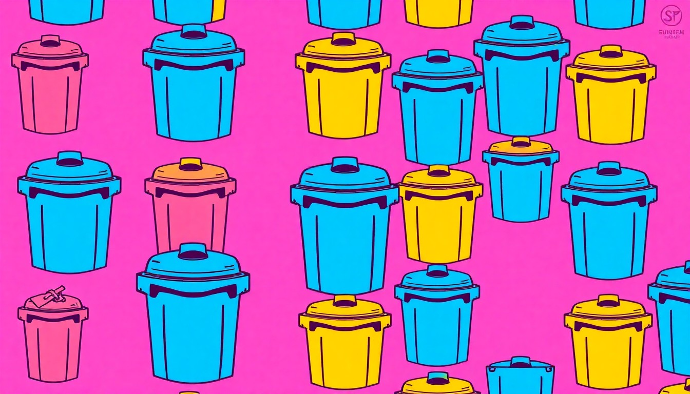 A bold, colorful silkscreen-style illustration featuring a repeating pattern of a simple compost bin or food scrap container, rendered in vibrant neon hues and high-contrast black outlines to capture the modern, pop art aesthetic of the organic recycling program in New York Mills.