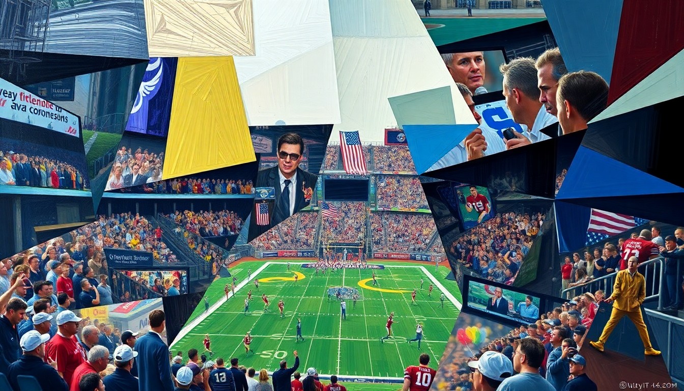 A cubist, geometric painting depicting a fragmented, multi-perspective view of a college football media event, with sharp, overlapping planes of color and form conveying the energy and anticipation of the upcoming season.