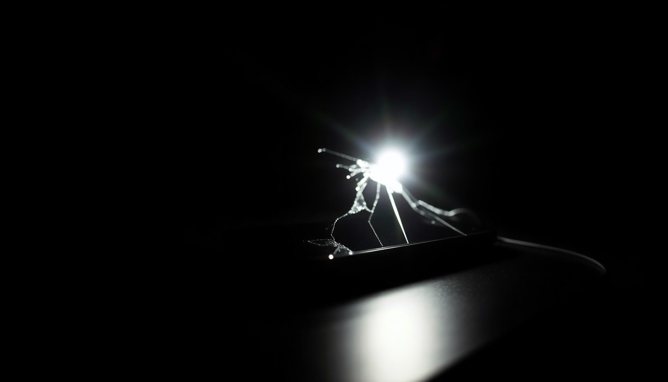 An extreme close-up photograph of a cracked and damaged smartphone screen, lit by a harsh, direct camera flash against a pitch-black background, conceptually representing the investigation into digital crimes against children.