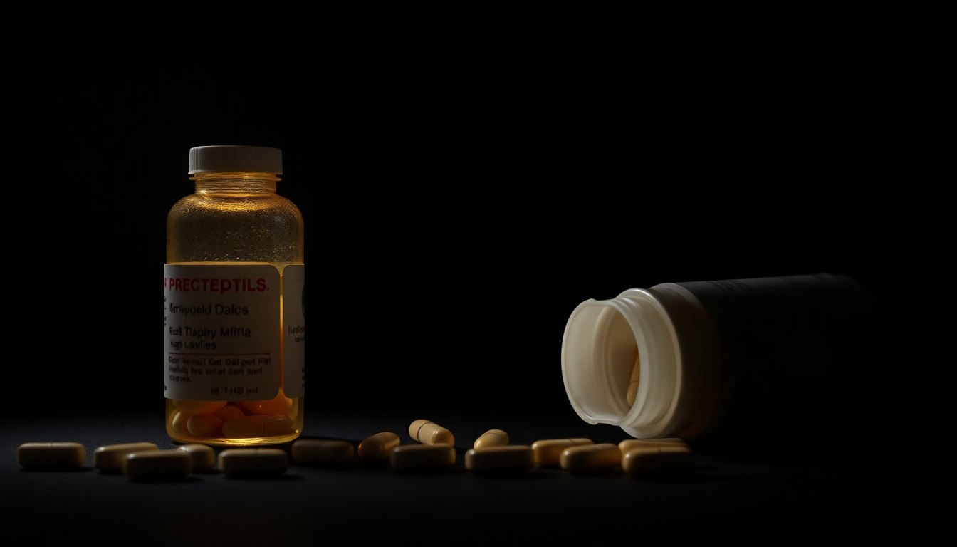 An extreme close-up of a prescription pill bottle, its label obscured by dramatic shadows, conveying a sense of mystery and investigation around the medications involved in this case.