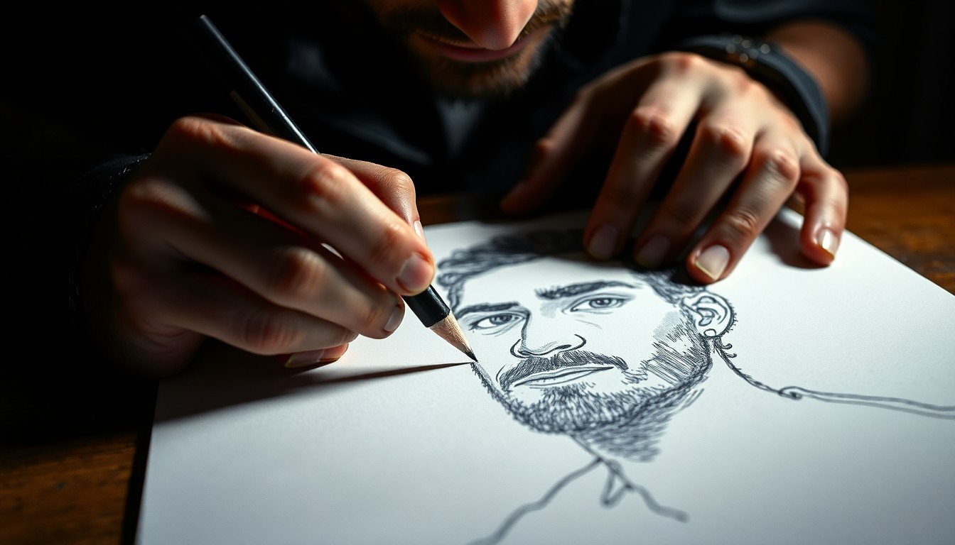 An extreme close-up of Juanes' hands sketching a self-portrait, the texture of the paper and pencil strokes rendered in dramatic, high-contrast studio lighting to create a glitzy, high-fashion aesthetic.