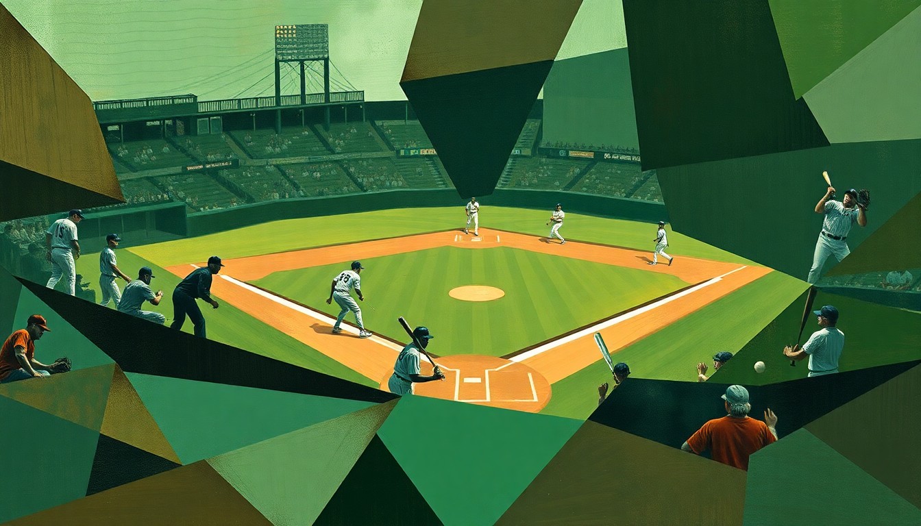 A fragmented, geometric painting depicting baseball players, bats, and baseballs in overlapping planes of muted green, brown, and blue tones, conveying the dynamic energy of a pivotal moment in the game.