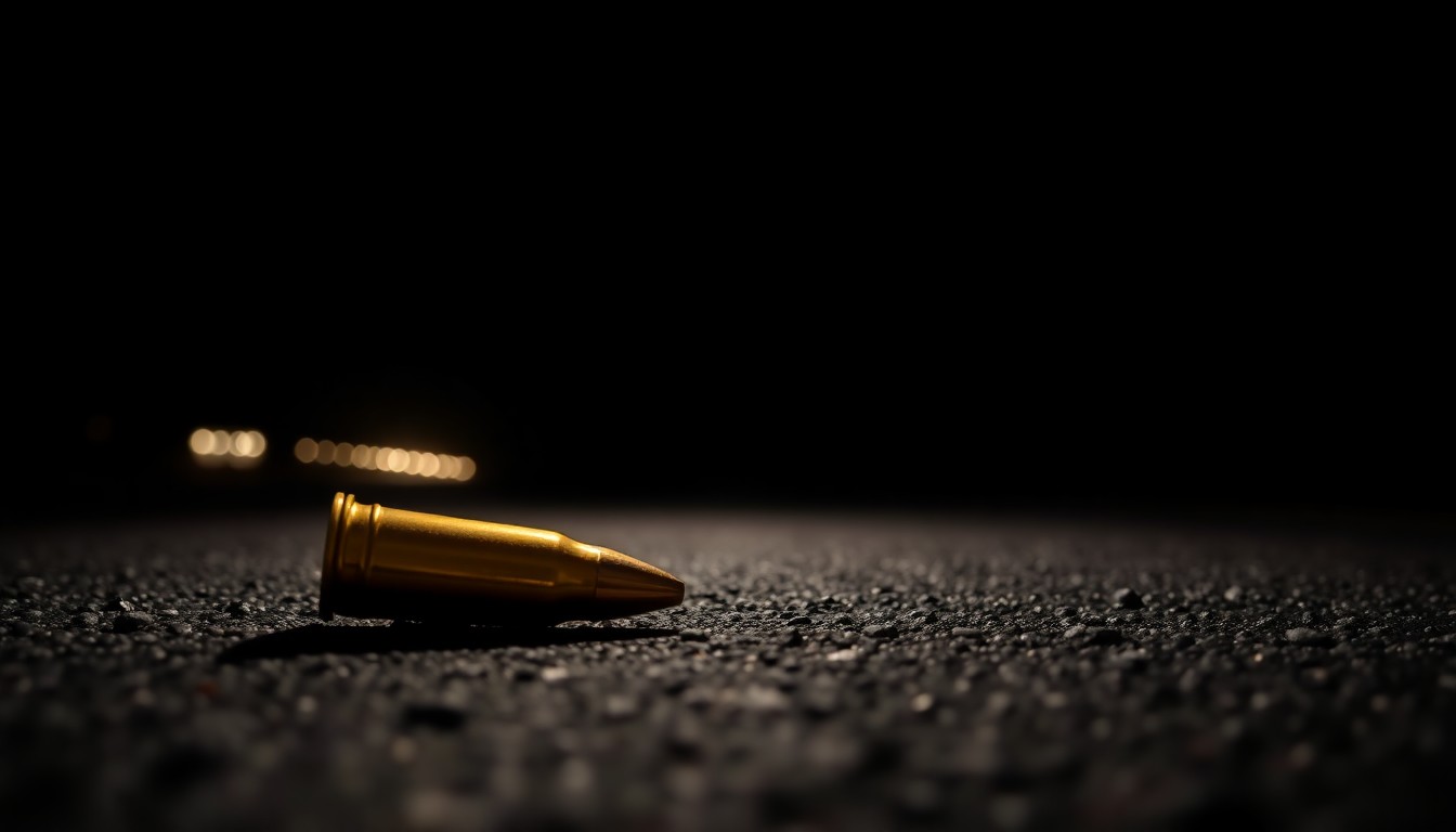 An extreme close-up of a spent shell casing on the dark asphalt of a highway, conceptually illustrating the violent confrontation between law enforcement and a suspect.