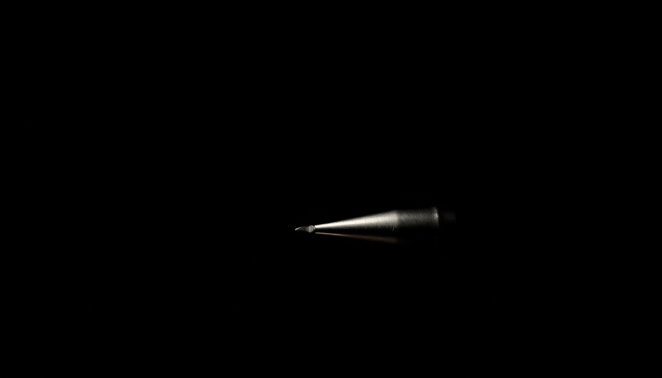 An extreme close-up photograph of a metal object, such as a screwdriver or crowbar, lit by a harsh, direct camera flash against a pitch-black background, creating a stark, gritty, investigative aesthetic.